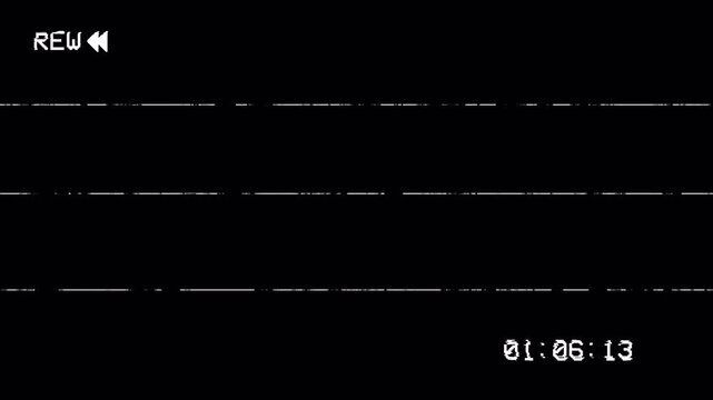 VHS Rewind Screen Display: Glitch Distortion Signal Effect, Retro Analog VCR OSD Interface Counter Countdown Overlay Motion Graphic 4k video animation seamless loop