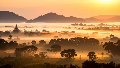 Sunrise mist over ancient temple
