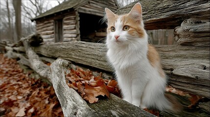 Fluffy brown and white cat in outdoor scene, sitting still on rotting log with serene expression  