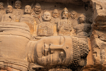 Serene Face of Giant Reclining Buddha Close Up Detail at Anyue Grottoes Sichuan China