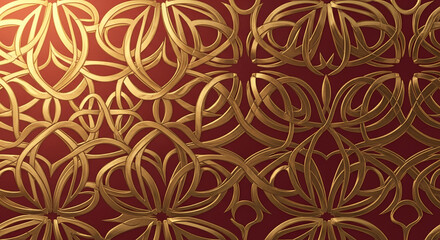 Fototapeta premium Complex golden ornament on red, repeating floral shapes. Symbolizes elegance, decorativeness, and a refined aesthetic, ideal for luxury or decorative designs.