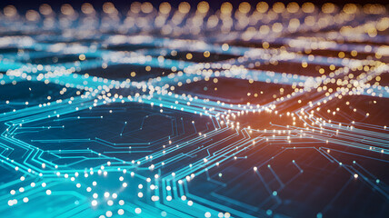 Digital Circuitry: A vibrant close-up view of a high-tech motherboard, electric circuits in bright blue and gold.