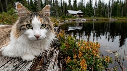 Fluffy brown and white cat in outdoor scene, sitting still on rotting log with serene expression  