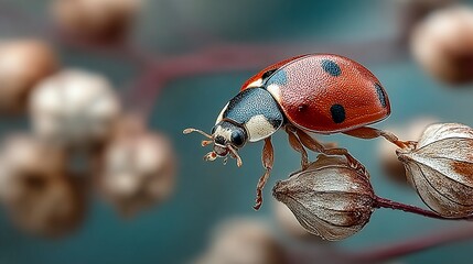 Flying ladybug with exposed wings and vivid colors, balancing on dried plant against soft green backdrop 