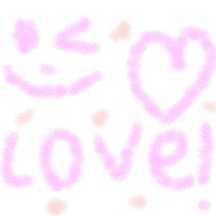 Y2K airbrush graffiti set. Pink blurry heart, winking smiley face and love text. Hand drawn illustration isolated on the white background 