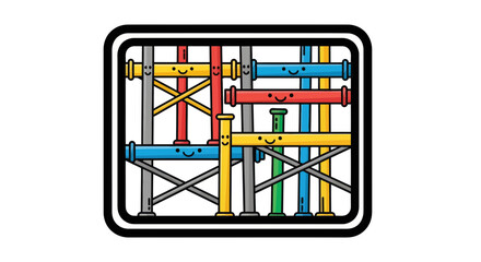 Joyful Construction Scaffolding Depiction with Colorful Tubes and Engaging Expressions