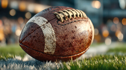 An American football lies on the grass near the sideline. Stadium floodlights glow in the blurred background