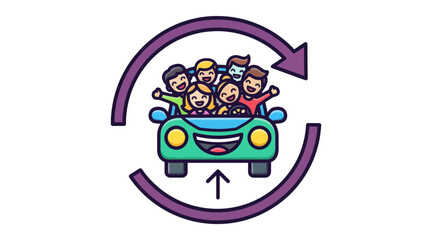 Fototapeta premium Joyful Group Riding In Car with Travel Symbol, Circulation and Community Concept