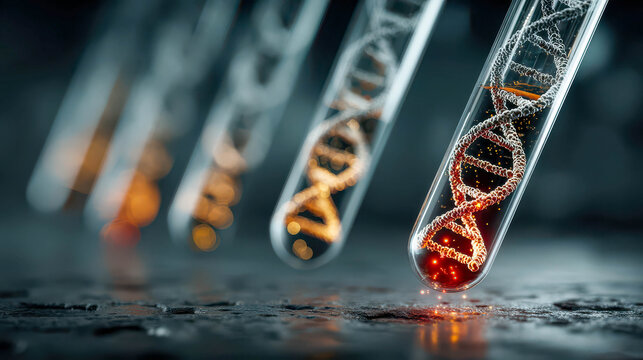 A series of test tubes contain glowing strands of DNA suspended in liquid. A concept for a futuristic laboratory of the future - Powered by Adobe