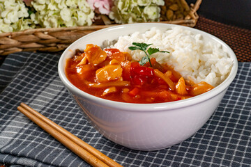 Delicious chicken in sweet and sour sauce.