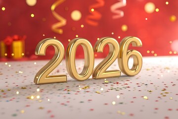Luxury Gold 3D Number '2026' with Confetti and Bokeh Lights for Happy New Year Celebration