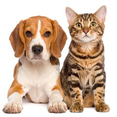 Two animals, a beagle and a bengal cat, sit facing forward against a white background