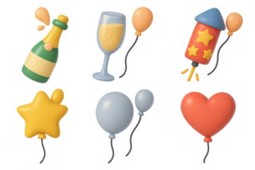 Festive celebration icons featuring balloons champagne and party elements for holiday design