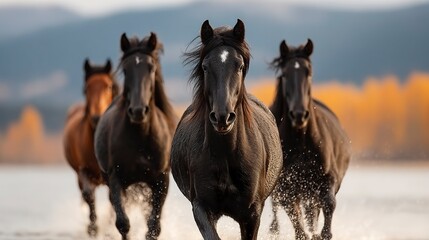 Four majestic horses sprinting along shoreline, water droplets flying and glowing horizon 