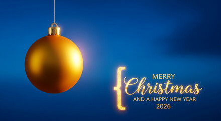 Golden ornament on a blue background, festive text Merry Christmas and a Happy New Year 2026. Celebratory concept, holiday, greeting, invitation