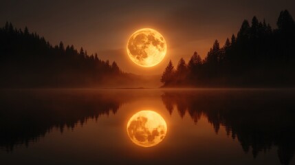 This enchanting landscape features a glowing moon rising over a misty lake, creating a magical atmosphere that symbolizes tranquility, beauty, and the captivating allure of nature.