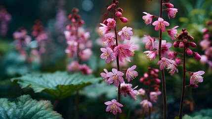 Cluster of tall slender pink Heuchera wildflowers grows in a garden against a dark green background with soft focus and natural beauty.