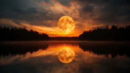 A stunning full moon rises above a tranquil lake, casting reflections on the water as vibrant hues of sunset paint the sky, creating a mesmerizing blend of colors in this natural landscape.