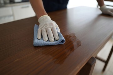 Close-up of Hand in Glove Cleaning Wooden Table with Cloth