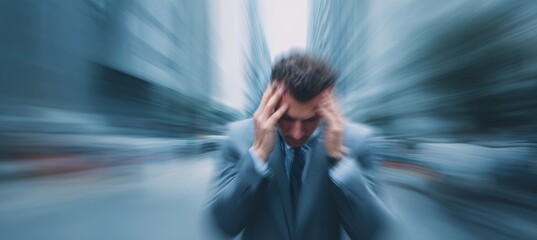 Businessman on hard pressure blur effect. Stress mental health burnout concept. Generative AI technology.	
