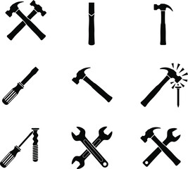 Collection of black silhouette icons depicting various hand tools for construction and repair
