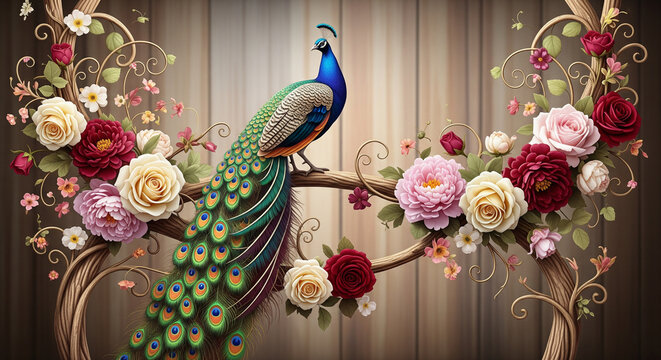 Fototapeta Colorful Peacock 3D Floral Wallpaper, 3d mural wallpaper, decorative wall mural style, 3D Floral Wallpaper.