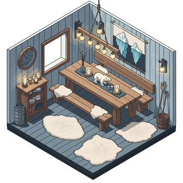 Cozy rustic cabin interior with wooden furniture and animal-themed decor for a warm inviting