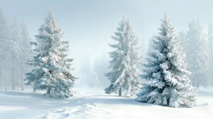 Fototapeta premium Snowy forest scene with tall fir trees in soft morning light and serene copy space for holiday greetings