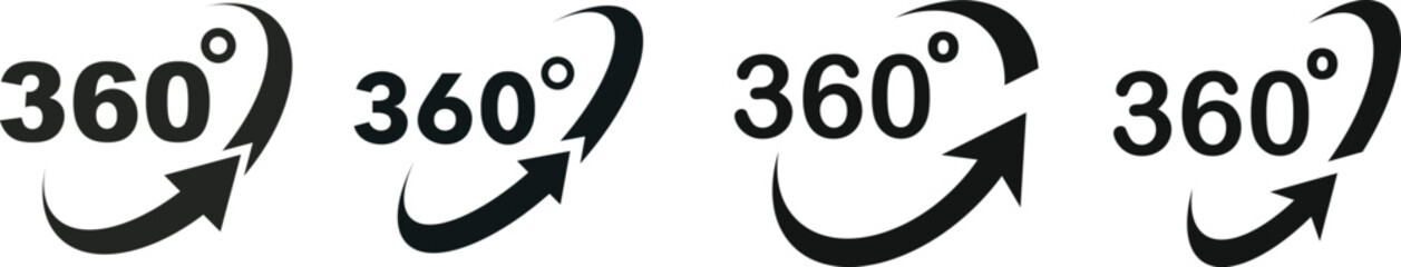 360 degrees vector icon set. Round signs with arrows rotation to 360 degrees. 360 degree complete angle or a full angle. 360 degrees logo, label, badge, symbol, banner, circle, black, line, isolated.