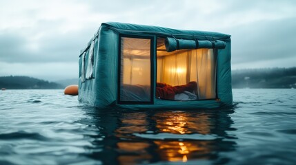 A unique floating cabin on serene waters at dusk, illuminated from within, providing a cozy and captivating living experience amidst nature, reflecting modern exploration in harmony with the environm