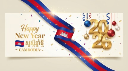 cambodia new year 2026 banner with waving ribbon in national flag colors