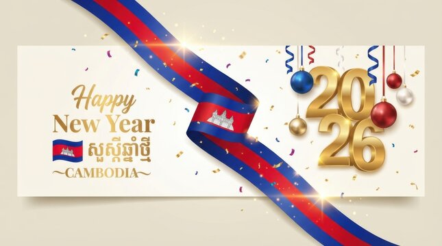 cambodia new year 2026 banner with waving ribbon in national flag colors