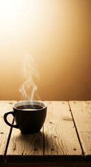 Steaming Coffee Cup on Rustic Wooden Table.