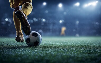 Soccer player kicking ball on green grass field