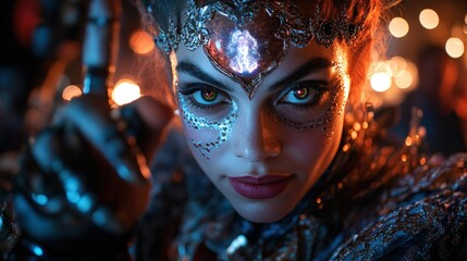 A stunning close-up of a character showcasing elaborate mystical makeup and vibrant eye color, eliciting a sense of wonder, beauty, and intrigue, ideal for fantasy-themed artistic projects.
