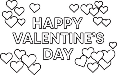 Happy valentine's day text with heart outlines for coloring book page design