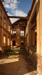 Sun-drenched ruin of a stately home