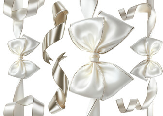 set of elegant creamy bows and ribbons with gentle pattern isolated over white (transparent) background; perfect as an exclusive gift wrapping