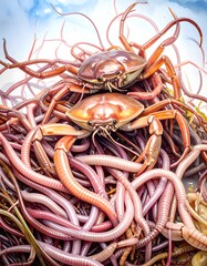 Two crabs atop a mound of worms