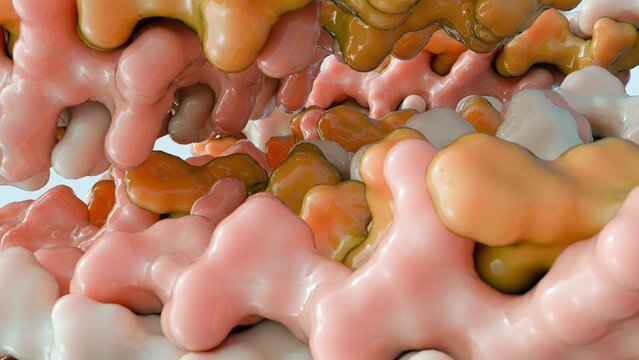 A highly magnified 3D rendering of the collagen structure, highlighting its fundamental units: triple-helix subunits that assemble to form strong fibrils and fibers.