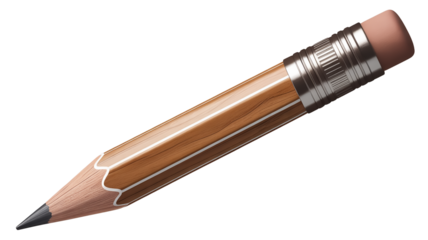 Hyper-detailed photorealistic yellow wooden pencil with metallic silver ferrule, textured rubber grip, sharpened graphite tip, professional studio lighting. Transparent background.