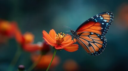 Obraz premium A vibrant butterfly with orange and black wings delicately rests on a bright orange flower