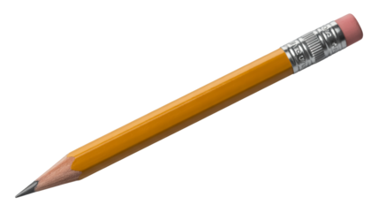 Hyper-detailed photorealistic yellow wooden pencil with metallic silver ferrule, textured rubber grip, sharpened graphite tip, professional studio lighting. Transparent background.