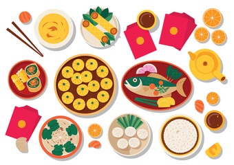 Assorted traditional Chinese cuisine featuring dumplings, whole fish, noodles and mandarin oranges served on a holiday table, suitable for lunar new year visuals, cultural posters and festive design 