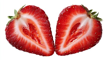 Fresh cut strawberry halves on white background
