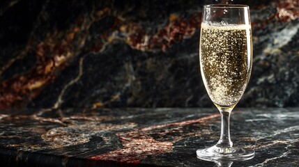Elegant crystal flute of champagne with rising bubbles sits on polished dark marble with red veining under dramatic low key lighting.