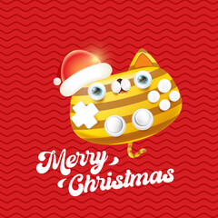 Cute cat gamepad cartoon character vector illustration, striped kitty character wearing a Santa hat, Merry Christmas holiday greeting design, stickers, labels, cards and celebration banners