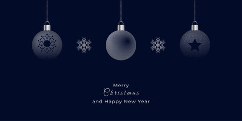 Merry Christmas and Happy New Year banner. Christmas balls, snowflakes spot textured on blue background. Vector illustration