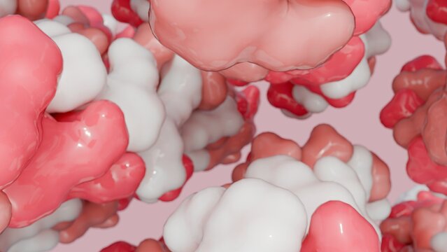 A highly magnified 3D rendering of the collagen structure, highlighting its fundamental units: triple-helix subunits that assemble to form strong fibrils and fibers.