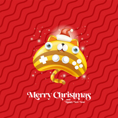 Cute cat gamepad cartoon character vector illustration, striped kitty character wearing a Santa hat, Merry Christmas holiday greeting design, stickers, labels, cards and celebration banners